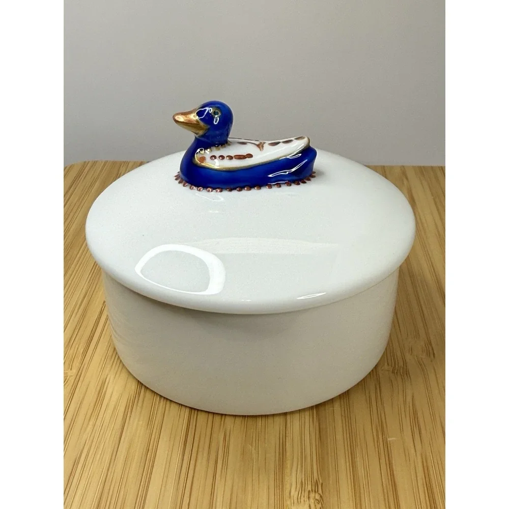 VTG  La Reine Limoges Porcelain Trinket Box White Blue‎ Duck Jewelry Box